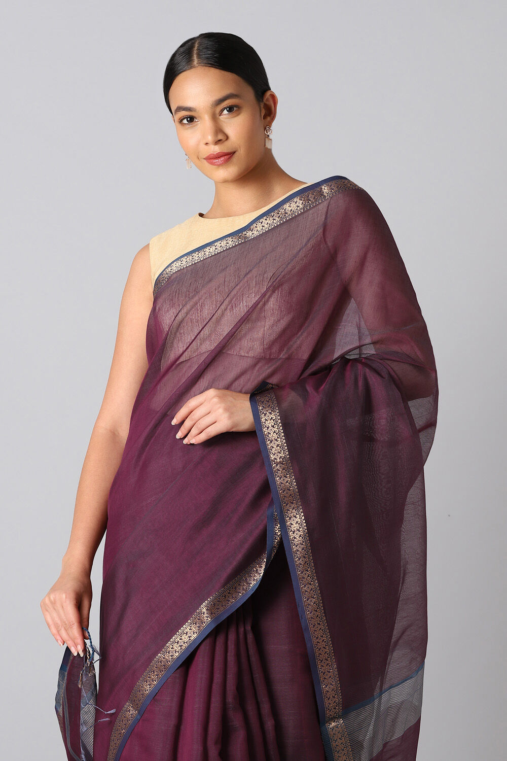 Dark Purple Pure Silk Cotton Maheswari Saree image number null