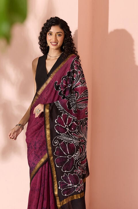 Purple Batik Pure Silk Cotton Ujjain Saree
