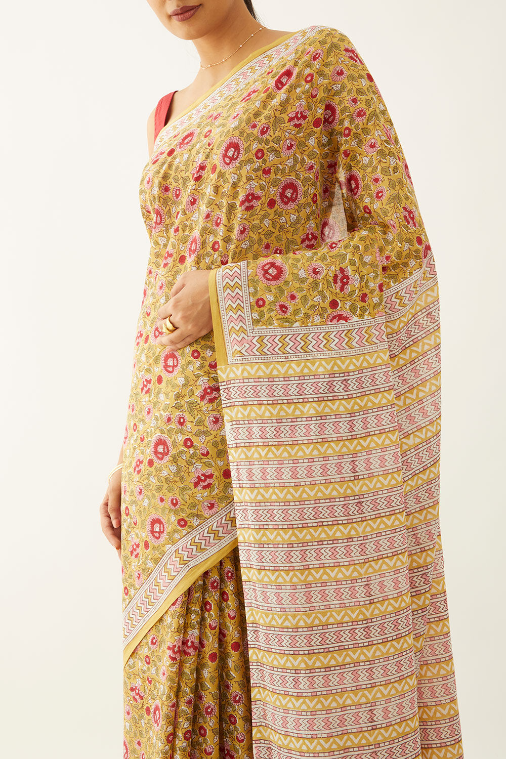 Yellow Pure Cotton Block Print Saree image number null