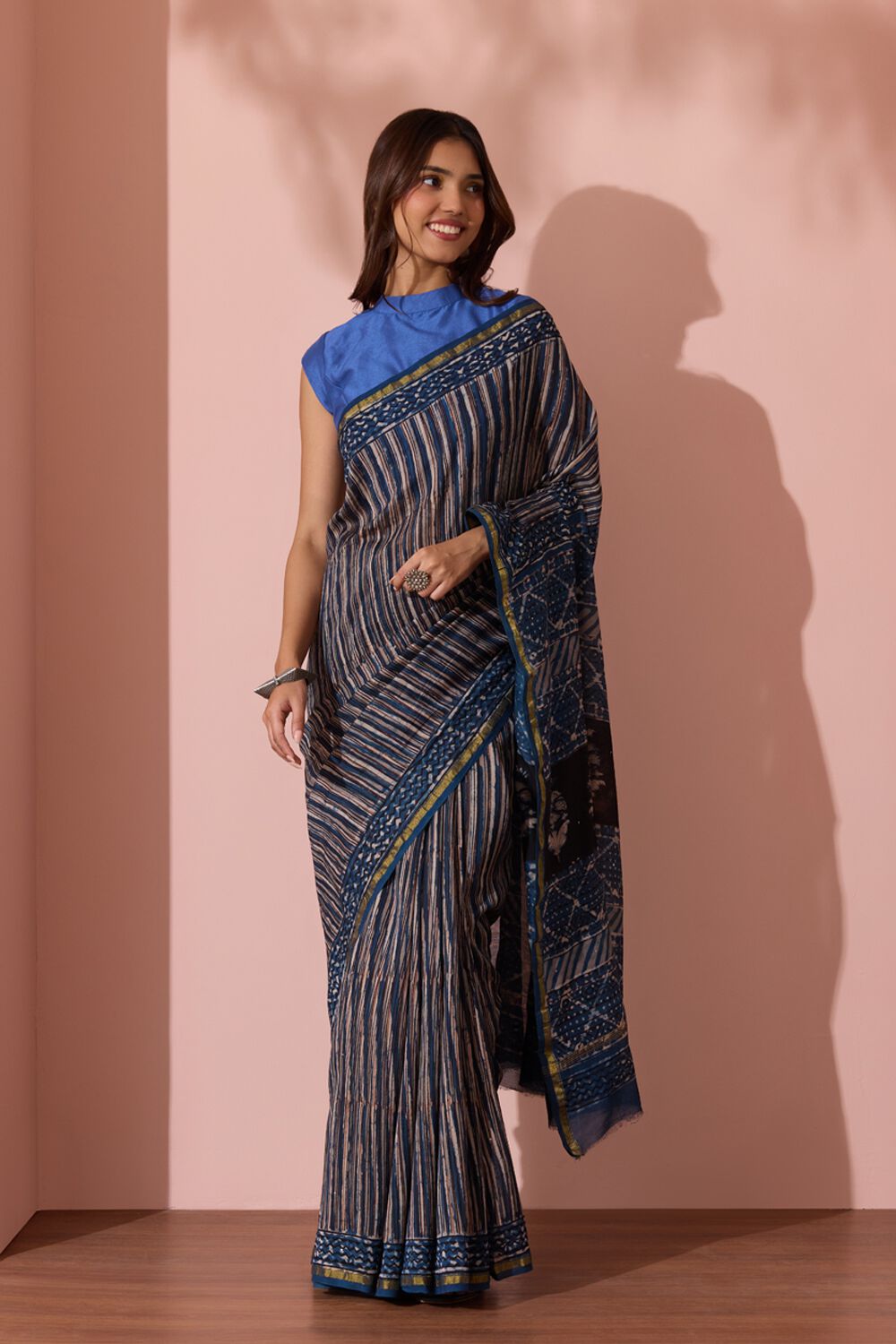 Dark Blue Bagru Printed Mukaish Pure Silk Cotton Saree image number null