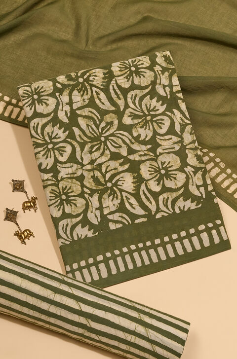 Light Green Pure Cotton Batik Unstitched Suit Set