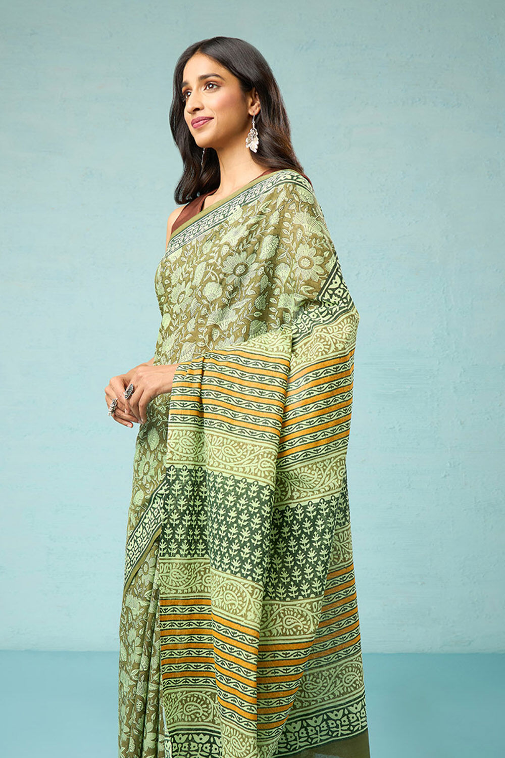 Light Green Pure Cotton Mulmul Block Printed Bengal Saree image number null