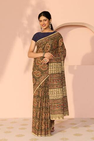 Brown Printed Kalamkari Machilipatnam Pure Cotton Saree thumbnail image number null