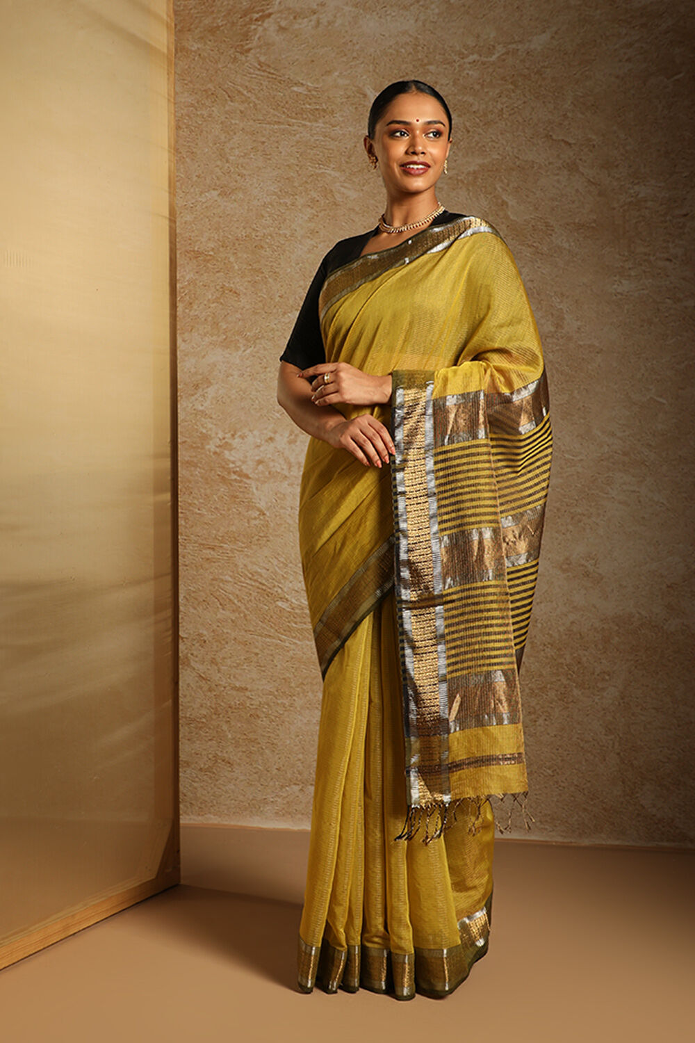 Yellow Woven Pure Silk Tissue Maheswari Saree image number null