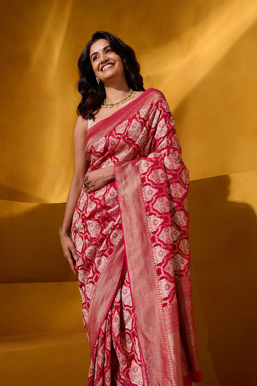 Pink Woven Viscose Georgette Saree image number null