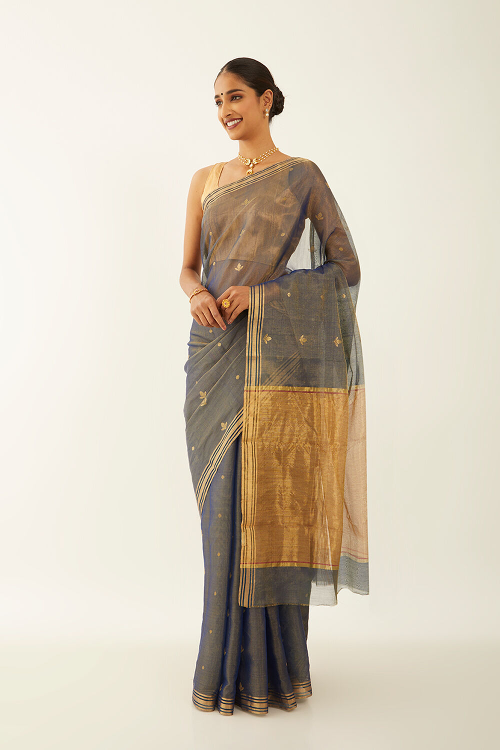 Blue Pure Cotton Tissue Chanderi Saree image number null