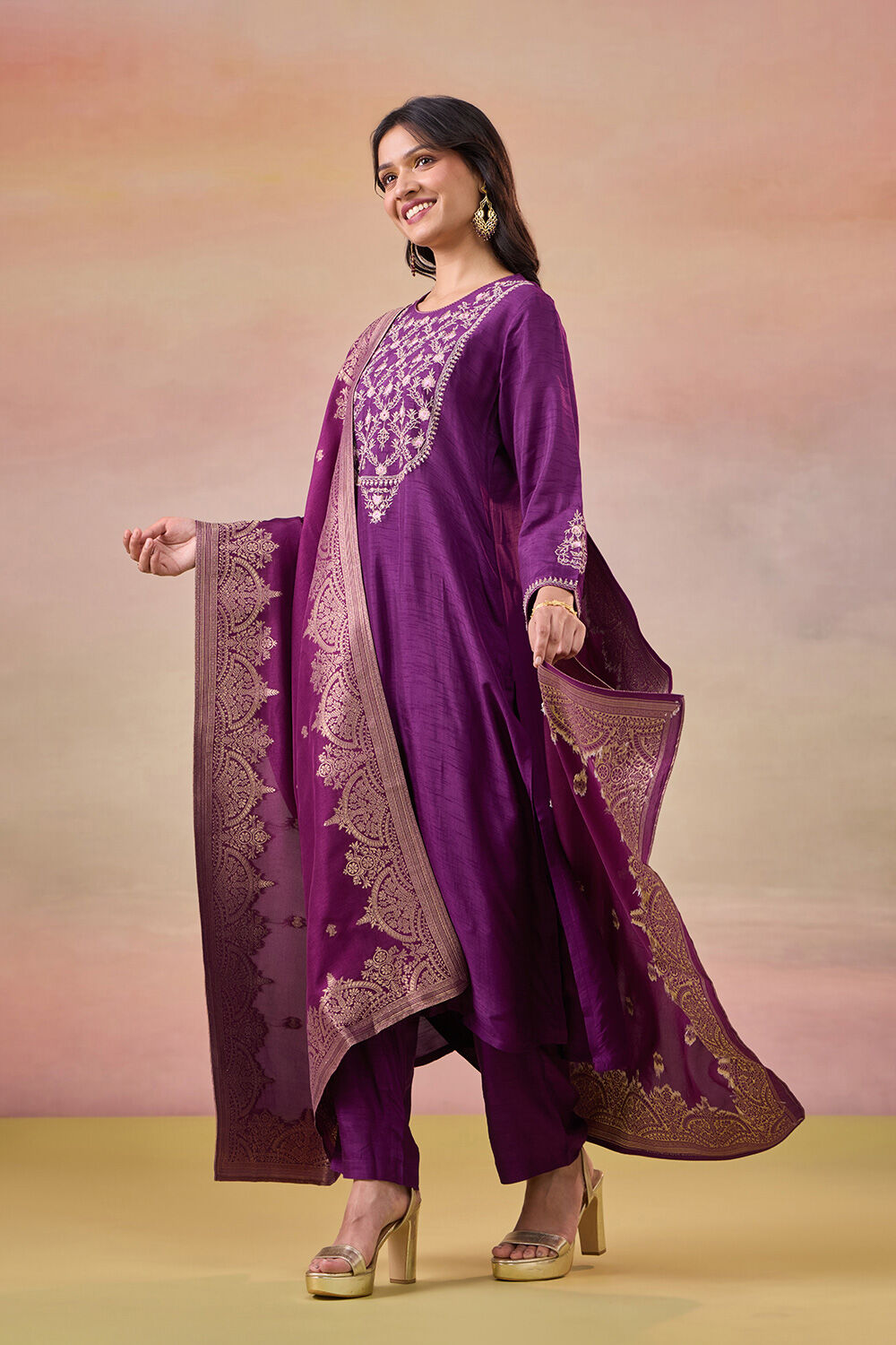 Dark Violet Pure Viscose Embroidered Kurta Set image number null