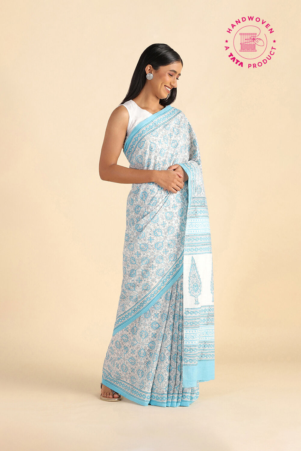 Light Blue Pure Khadi Cotton Block Print Sanganeri Saree image number null