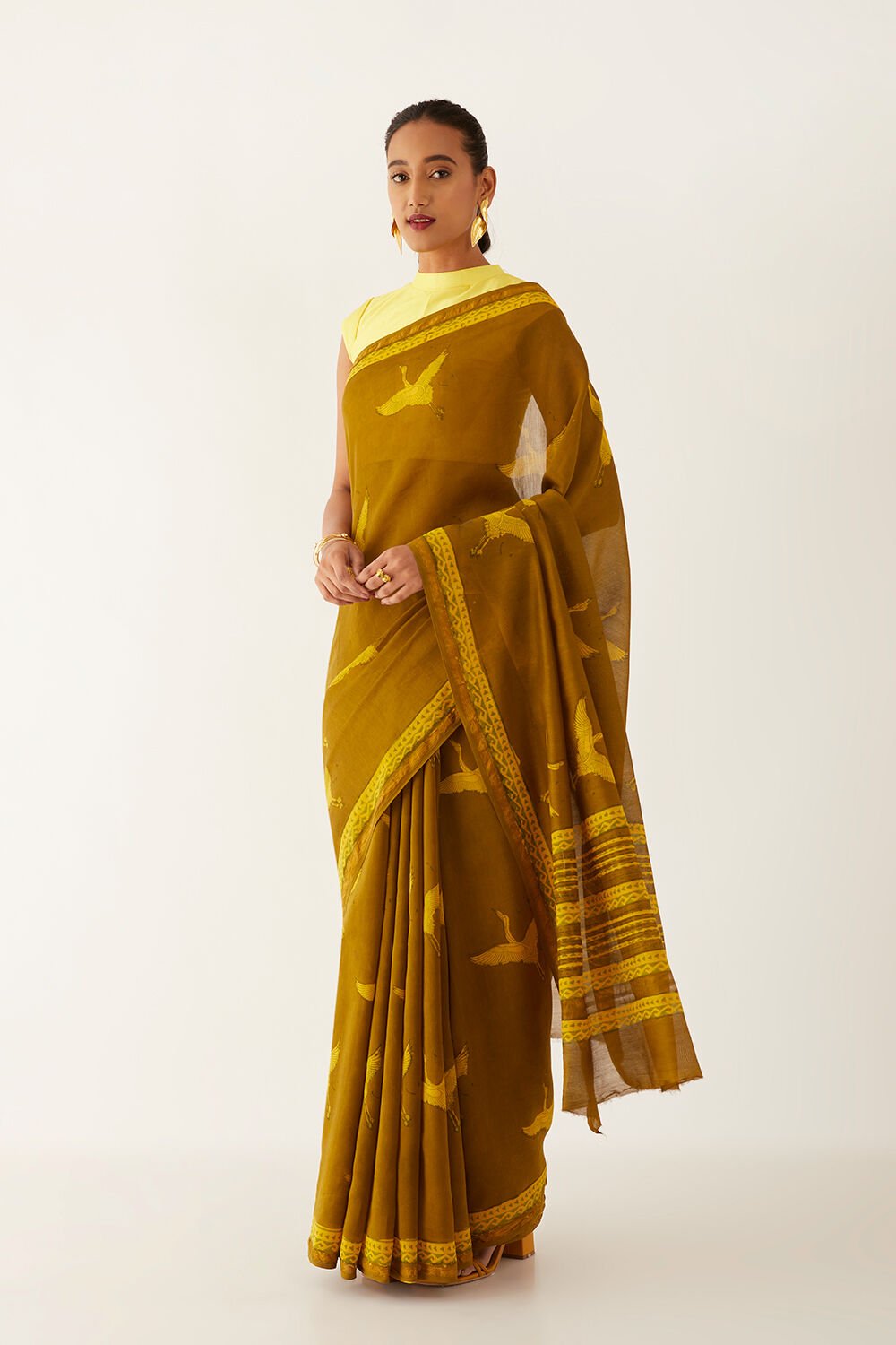 Dark Yellow Pure Silk Cotton Bagru Printed Saree image number null