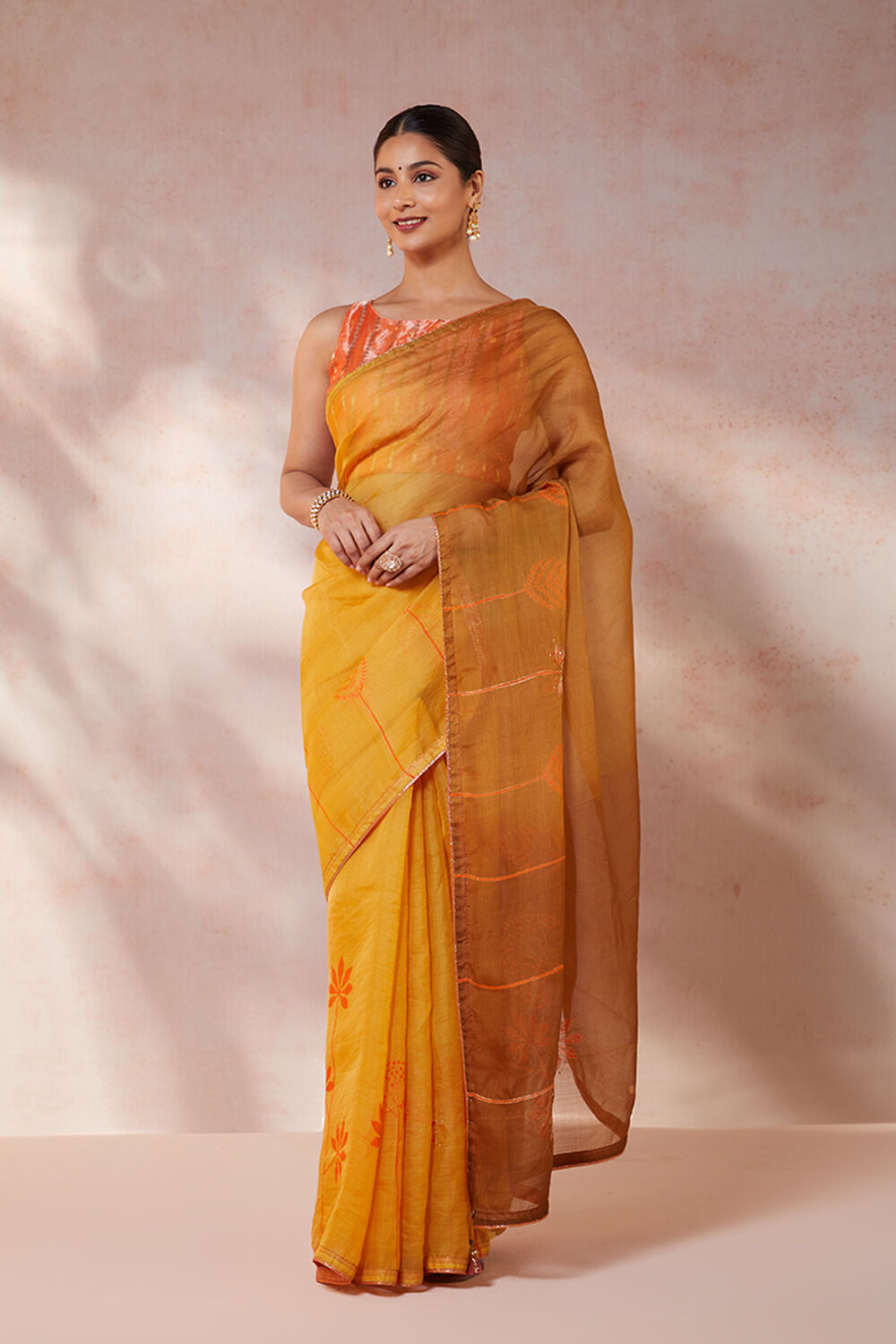 Yellow Pure Silk Organza Hand Painted Saree image number null