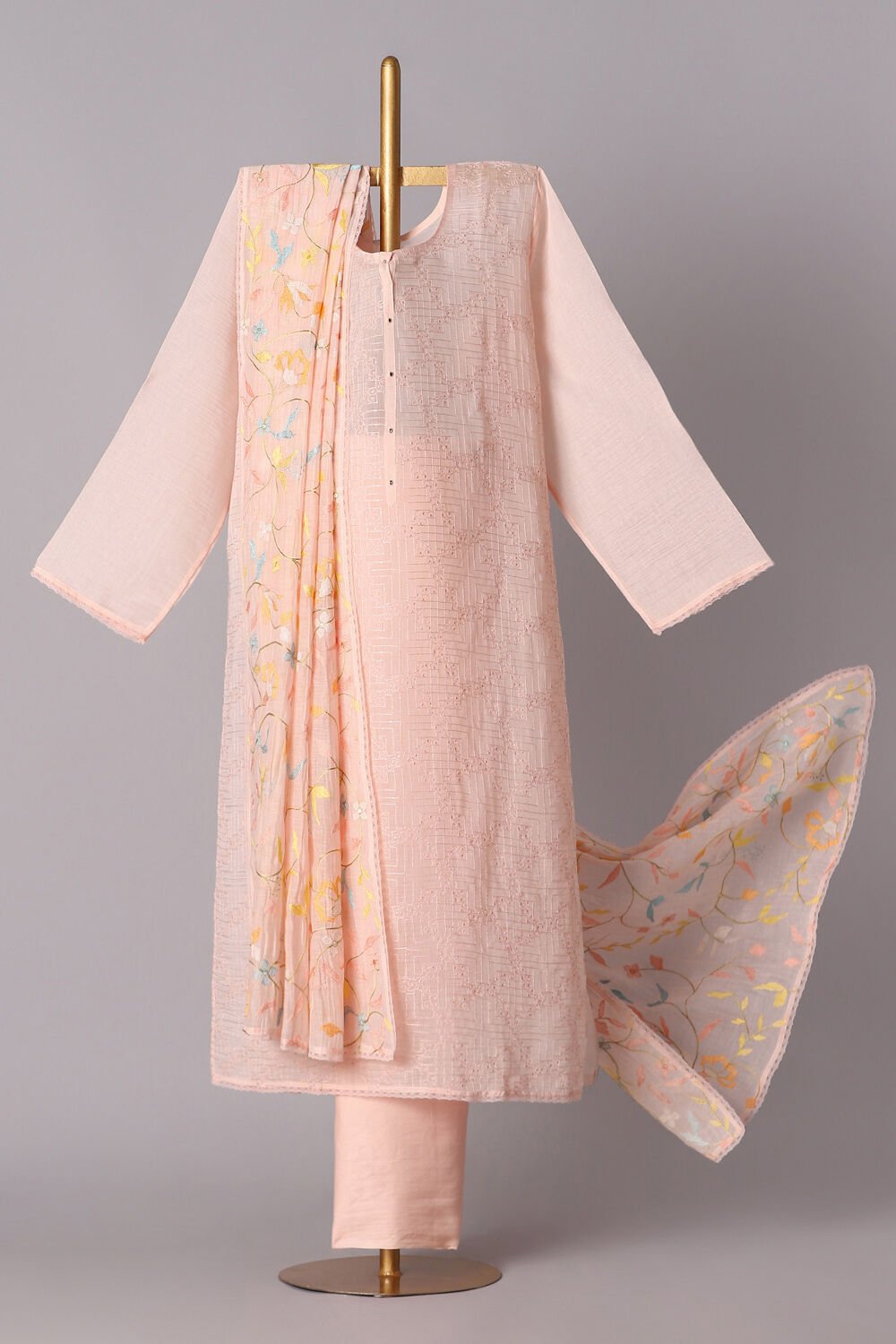 Pink Silk Cotton Embroidered Semistitched Suit Set image number null