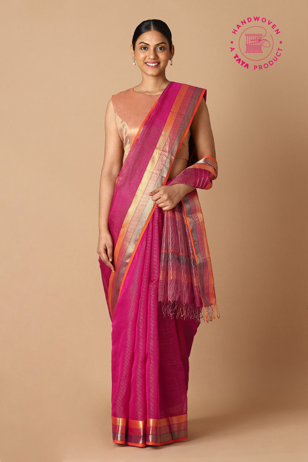 Dark Pink Pure Cotton Tissue Maheswari Saree image number null