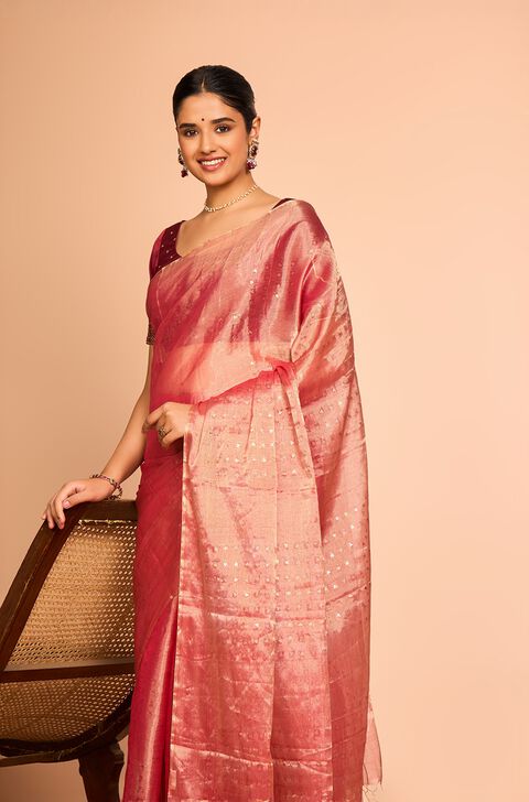 Light Red Pure Tissue Cotton Woven Saree