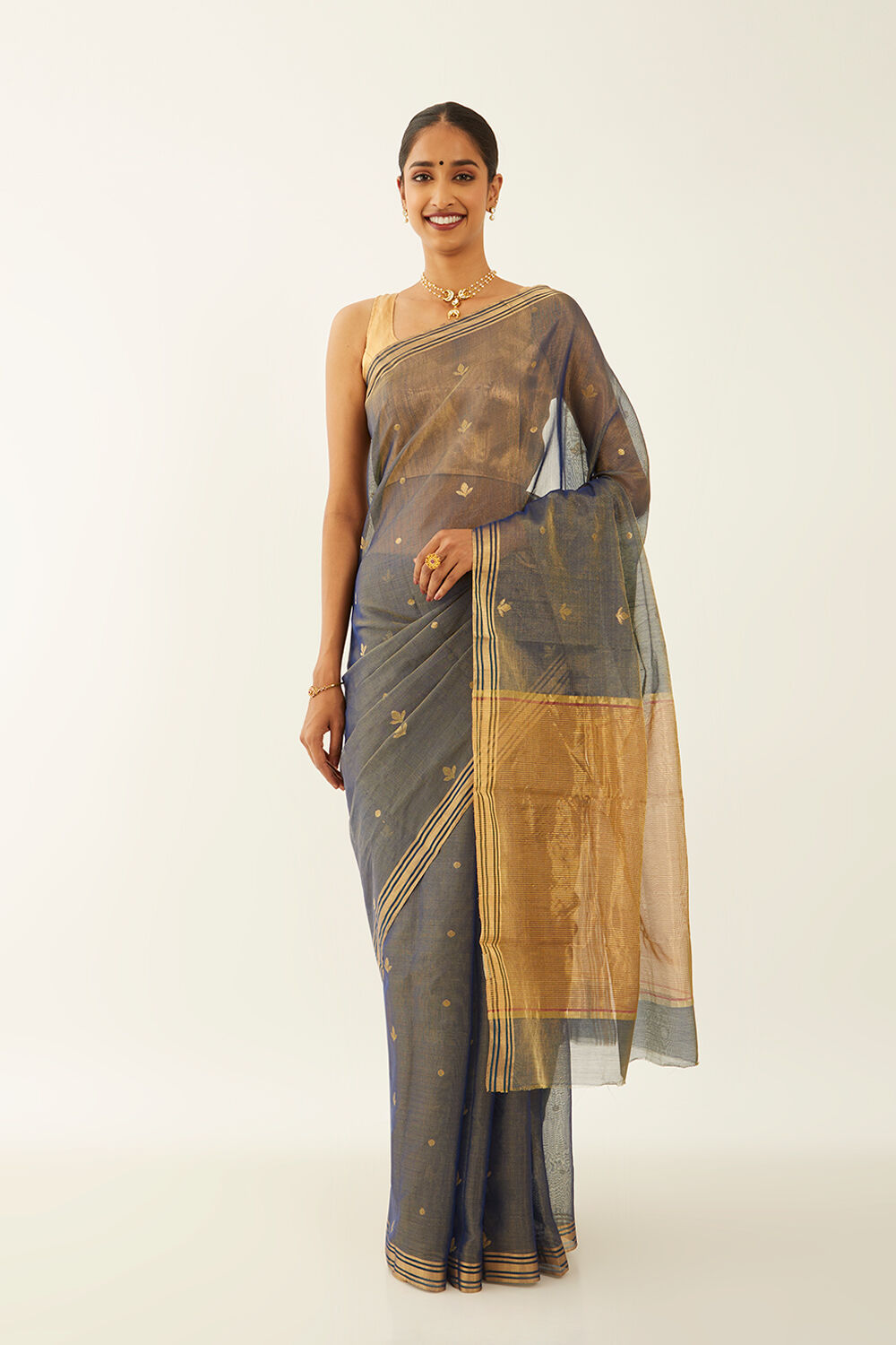 Blue Pure Cotton Tissue Chanderi Saree image number null