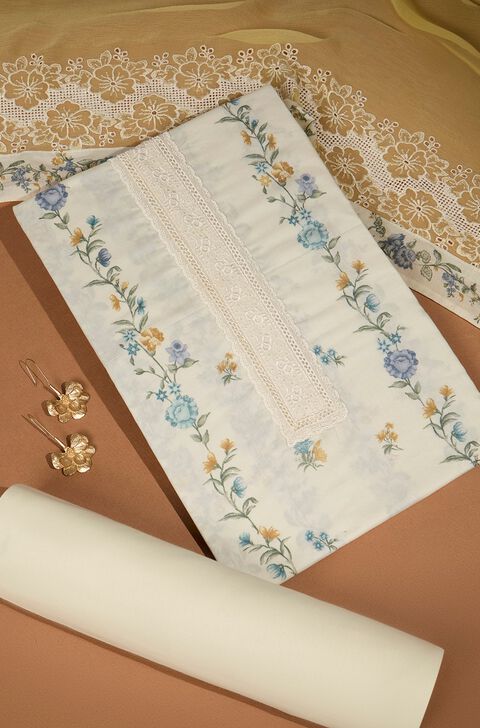 Off White Schiffli Pure Cotton Unstitched Suit Set
