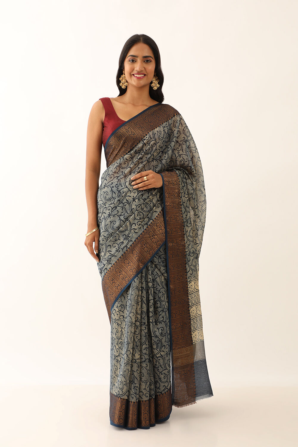 Navy Rajasthan Block Printed Pure Silk Cotton Saree image number null