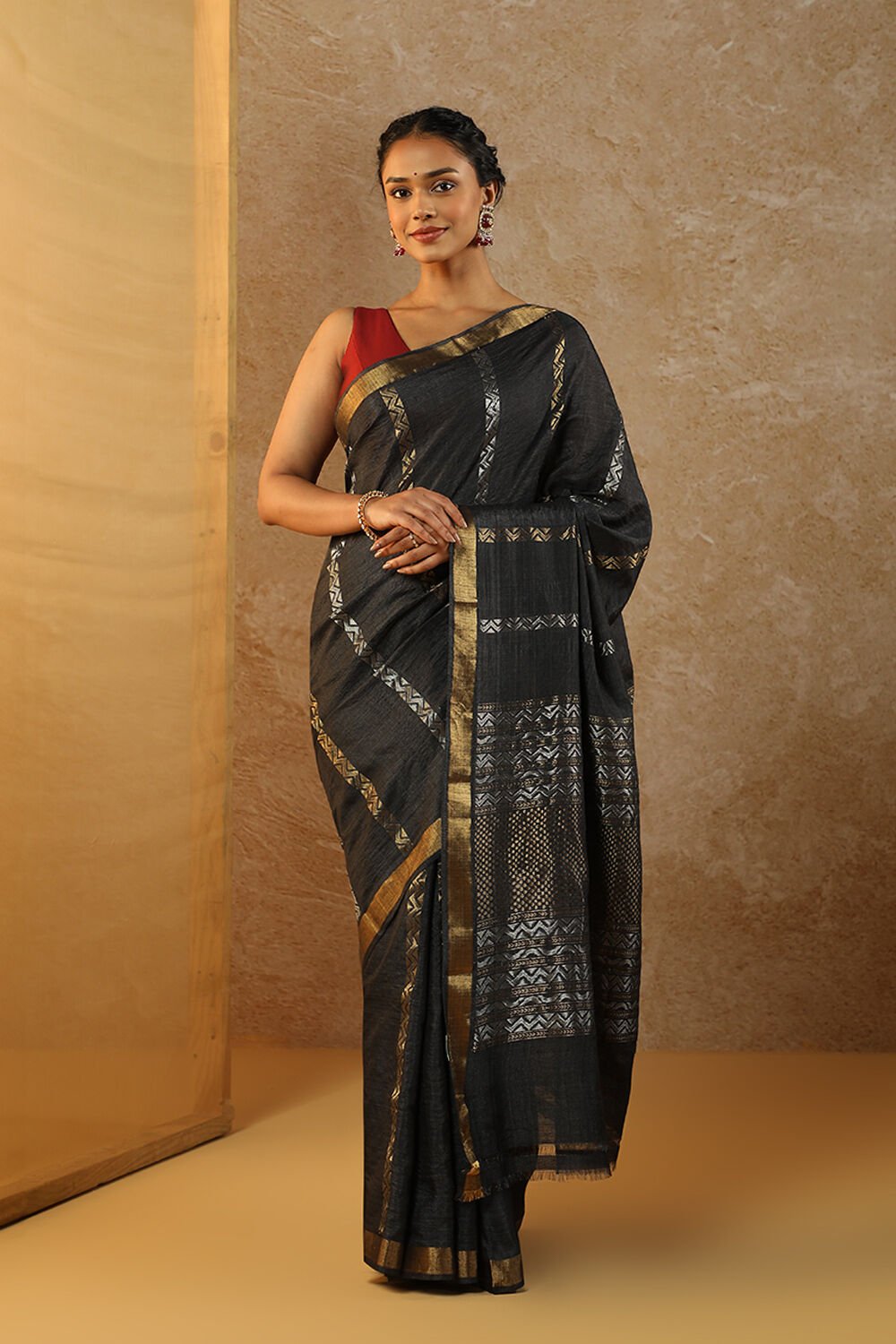 Black Chattisgarh Woven Pure Tussar Silk Saree image number null