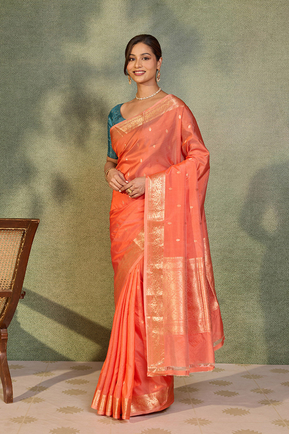 Orange Silk Viscose Kadwa Banarasi Saree image number null