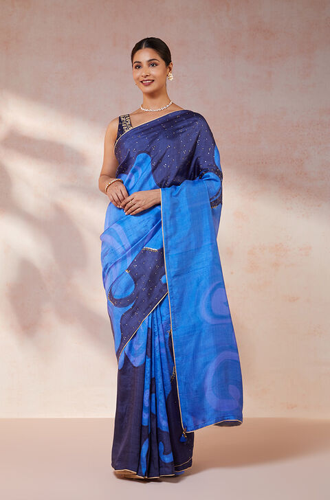 Blue Hand Painted Silk Saree