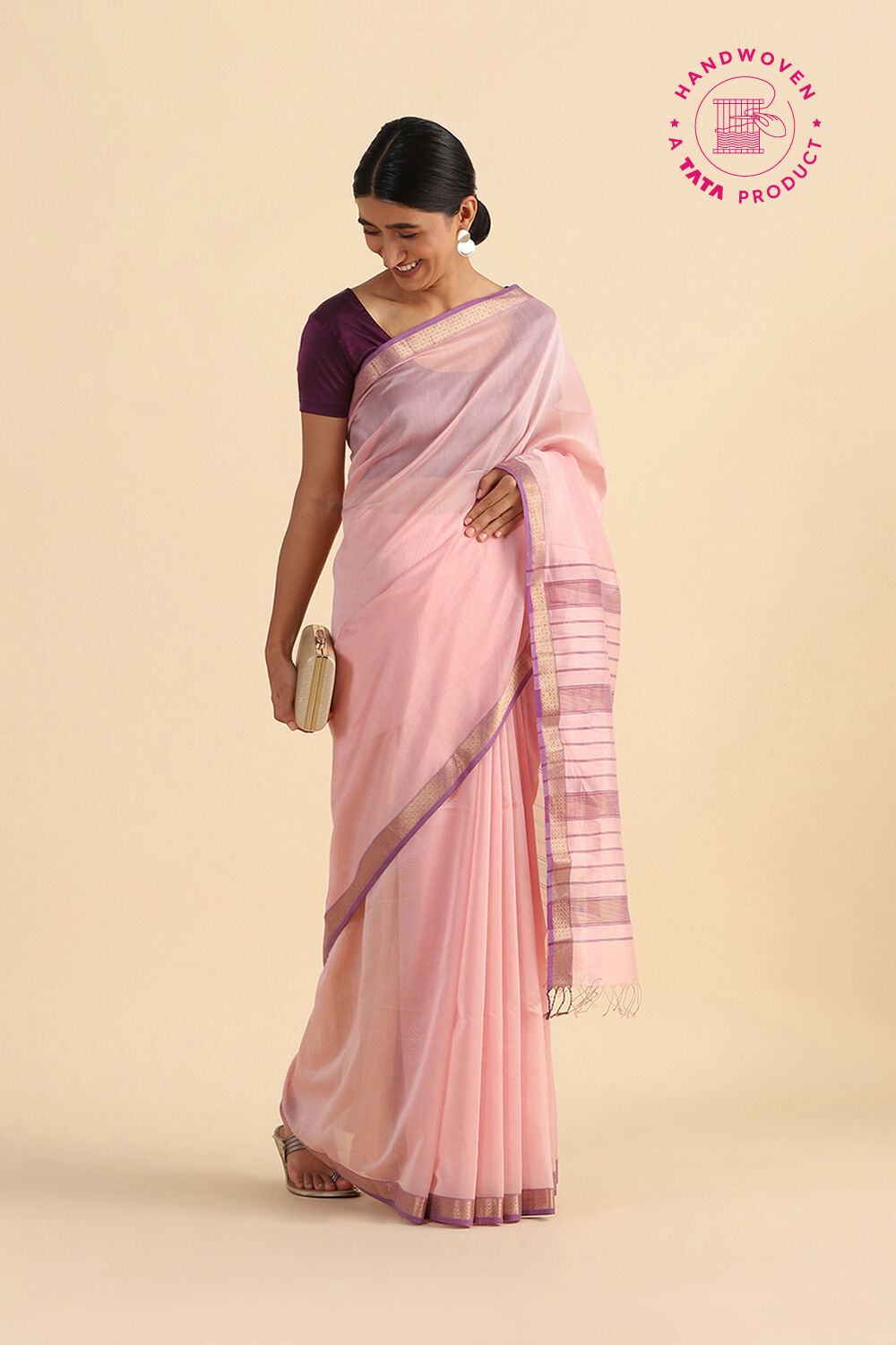 Light Orange Handwoven Maheswari Pure Silk Cotton Saree image number null