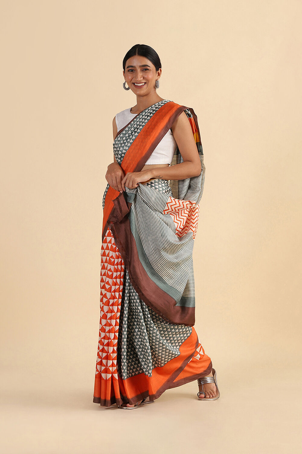 Orange Hand Blockprinted Pure Silk Saree image number null