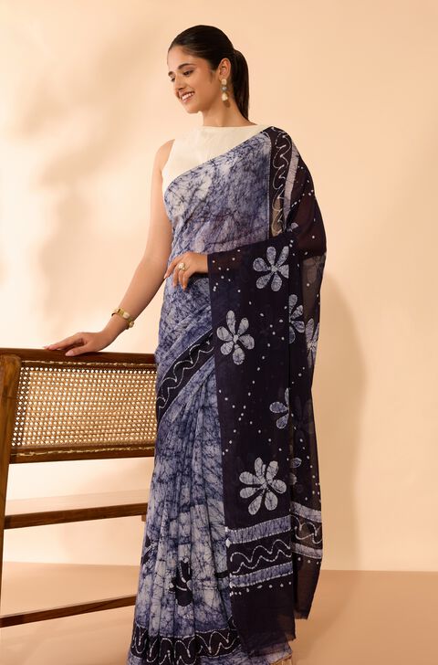 Dark Blue Ujjain Pure Cotton Batik Saree