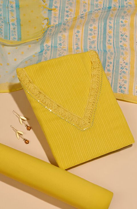 Yellow Pure Cotton Embroidered Unstitched Suit Set