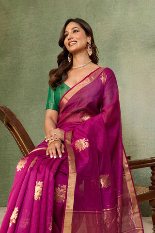 Dark Pink Woven Pure Silk Cotton Chanderi Saree image number