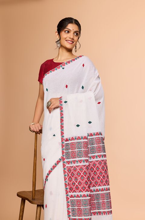 Off White Assam Woven Pure Cotton Saree
