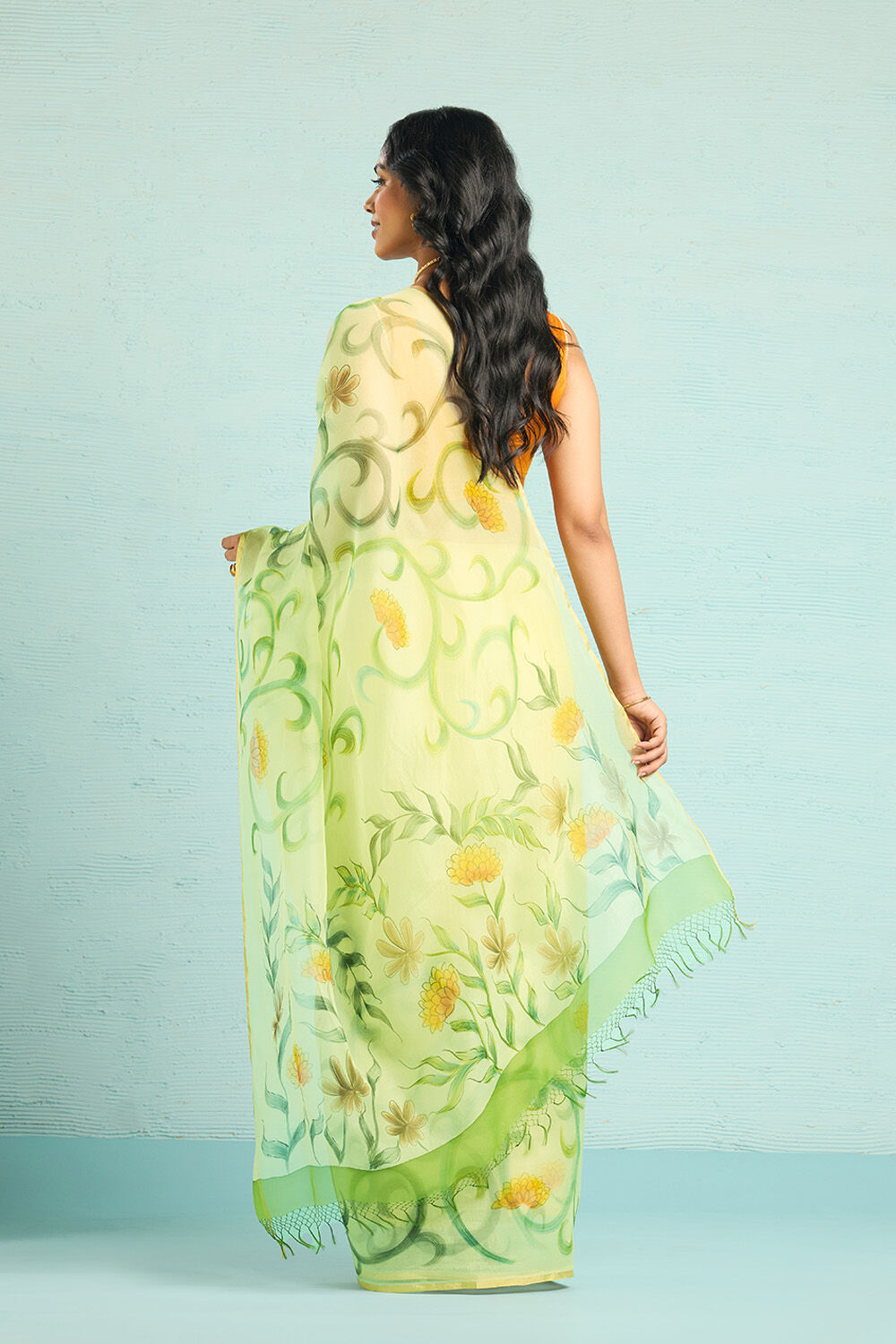 Yellow Pure Silk Organza Hand Painted Banarasi Saree image number null