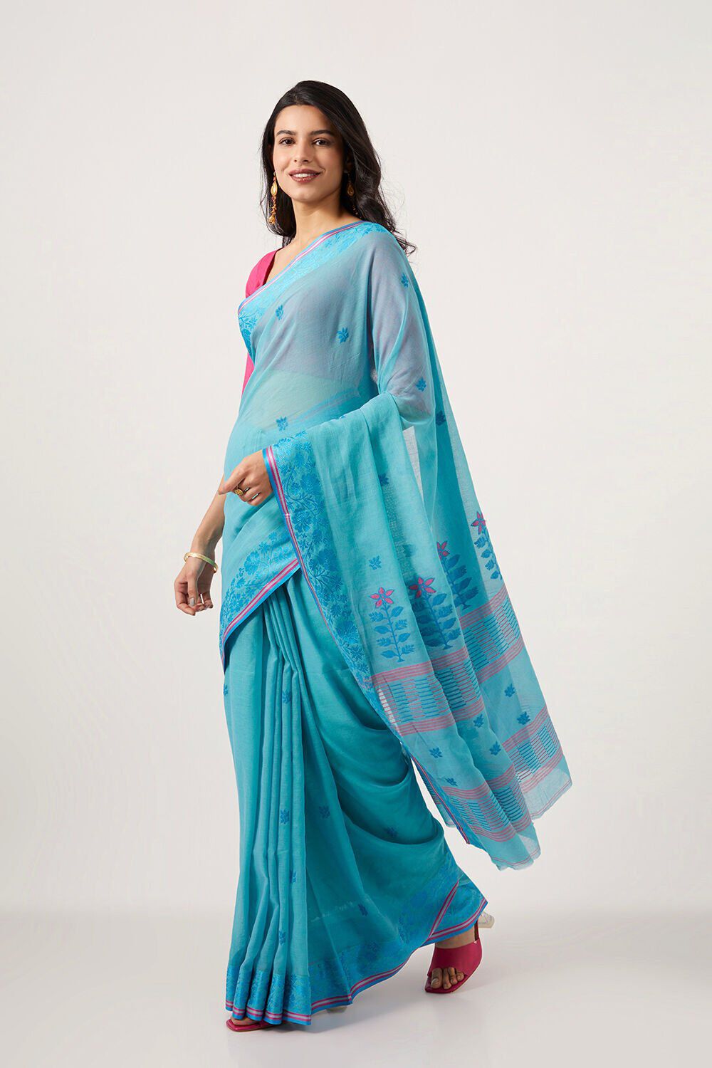Blue Pure Cotton Bengal Jamdani Saree image number null