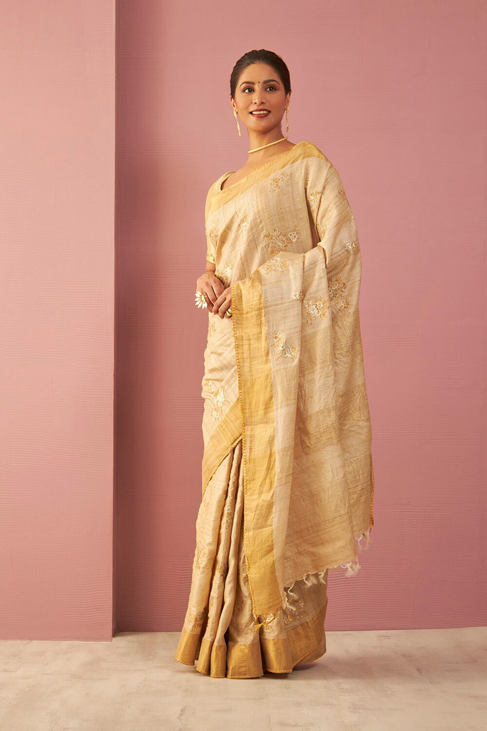 Beige Pure Tussar Silk Embroidered Saree image number null