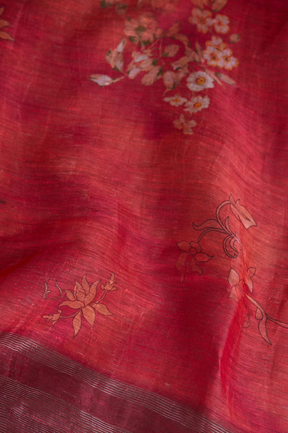 Dark Red Printed Pure Silk Linen Saree image number null