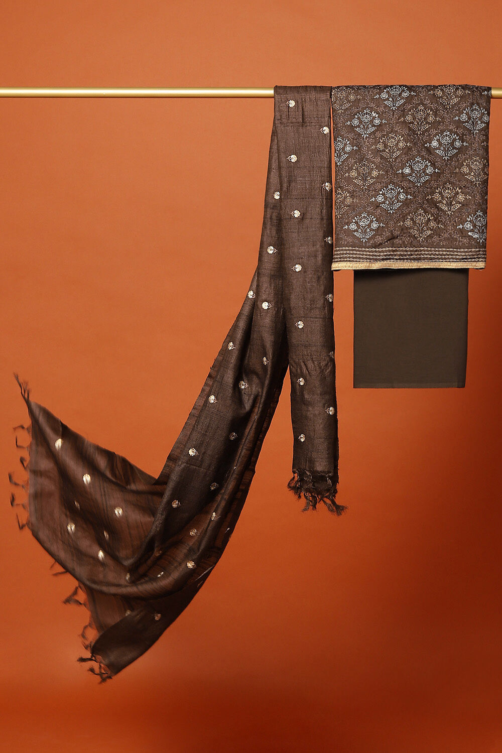 Brown Tussar Embroidered Unstitched Suit Set image number null