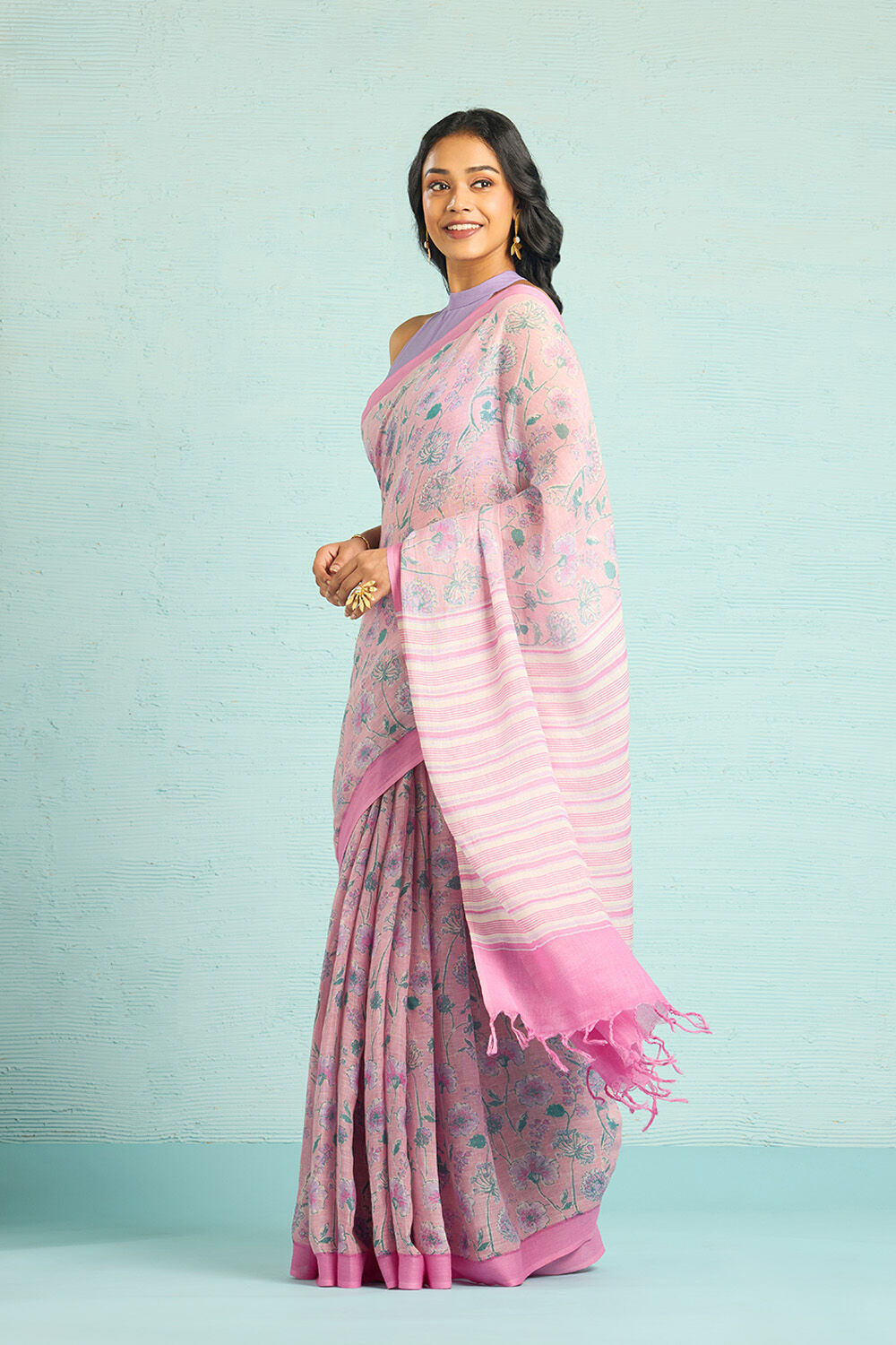 Pink Screen Printed Pure Linen Saree image number null
