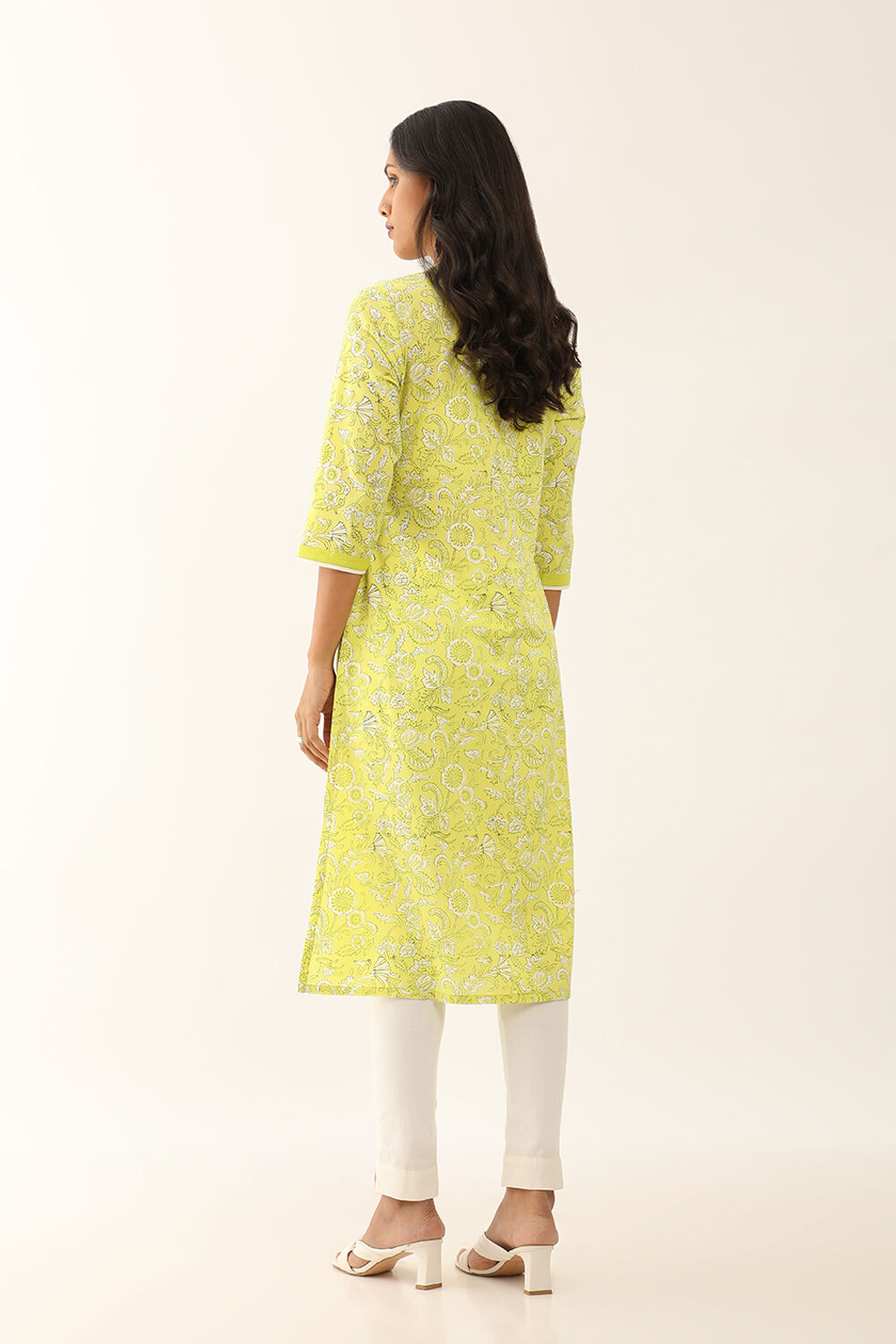 Yellow Pure Cotton Block Printed Kurta with Embroidery image number null
