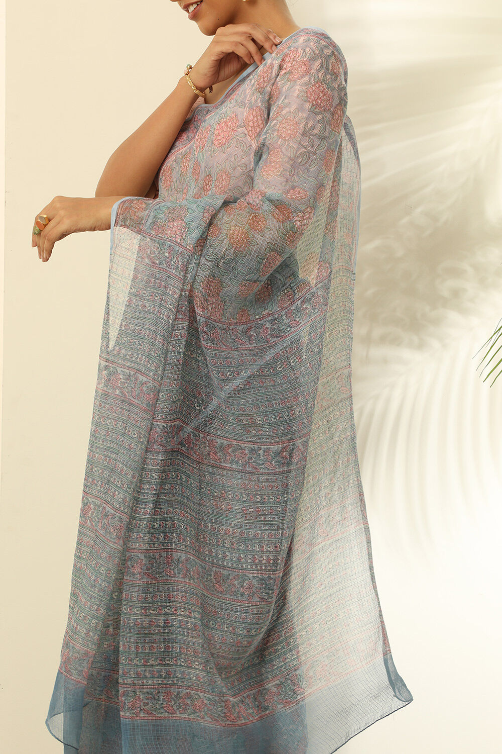 Light Blue Pure Kota Bagru Block Printed Saree image number null