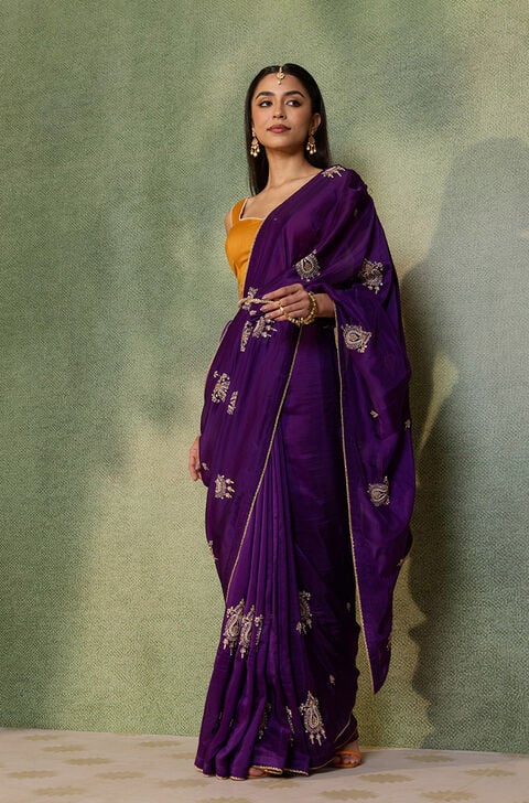 Dark Violet Embroidered Pure Viscose Saree