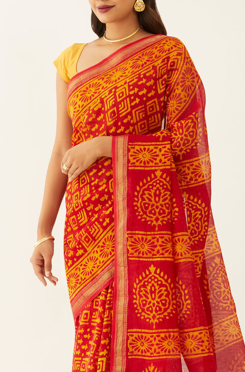 Dark Red Pure Silk Cotton Batik Saree