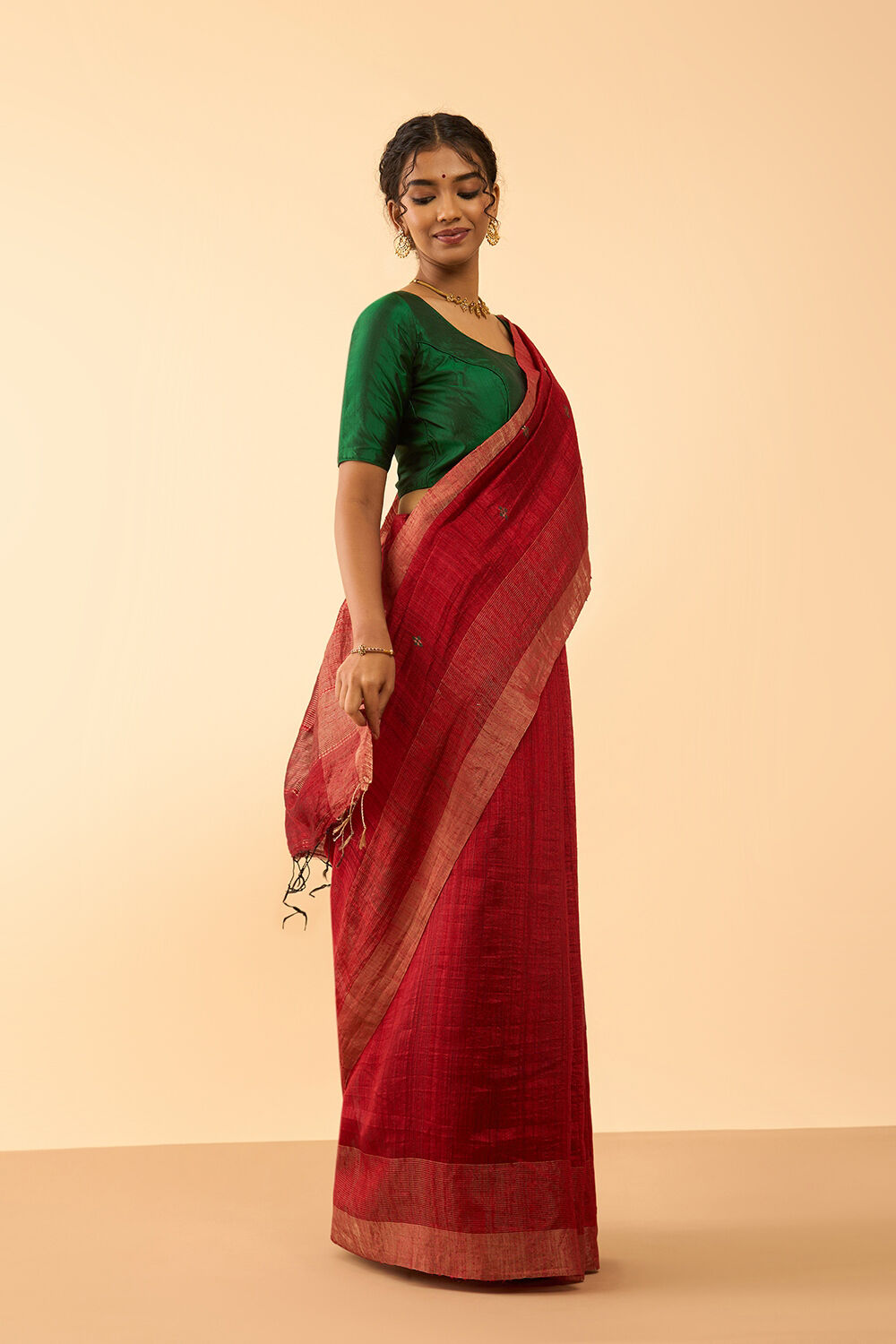 Dark Red Woven Pure Silk Bengal Saree image number null