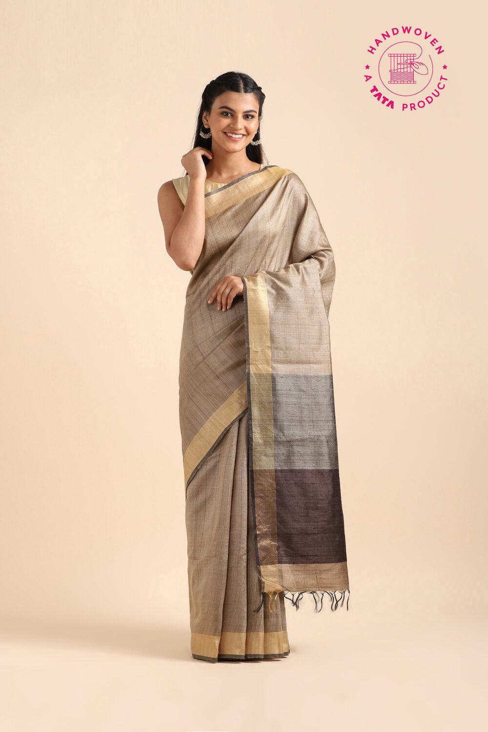 Brown Pure Tussar Silk Bhagalpuri Saree image number null