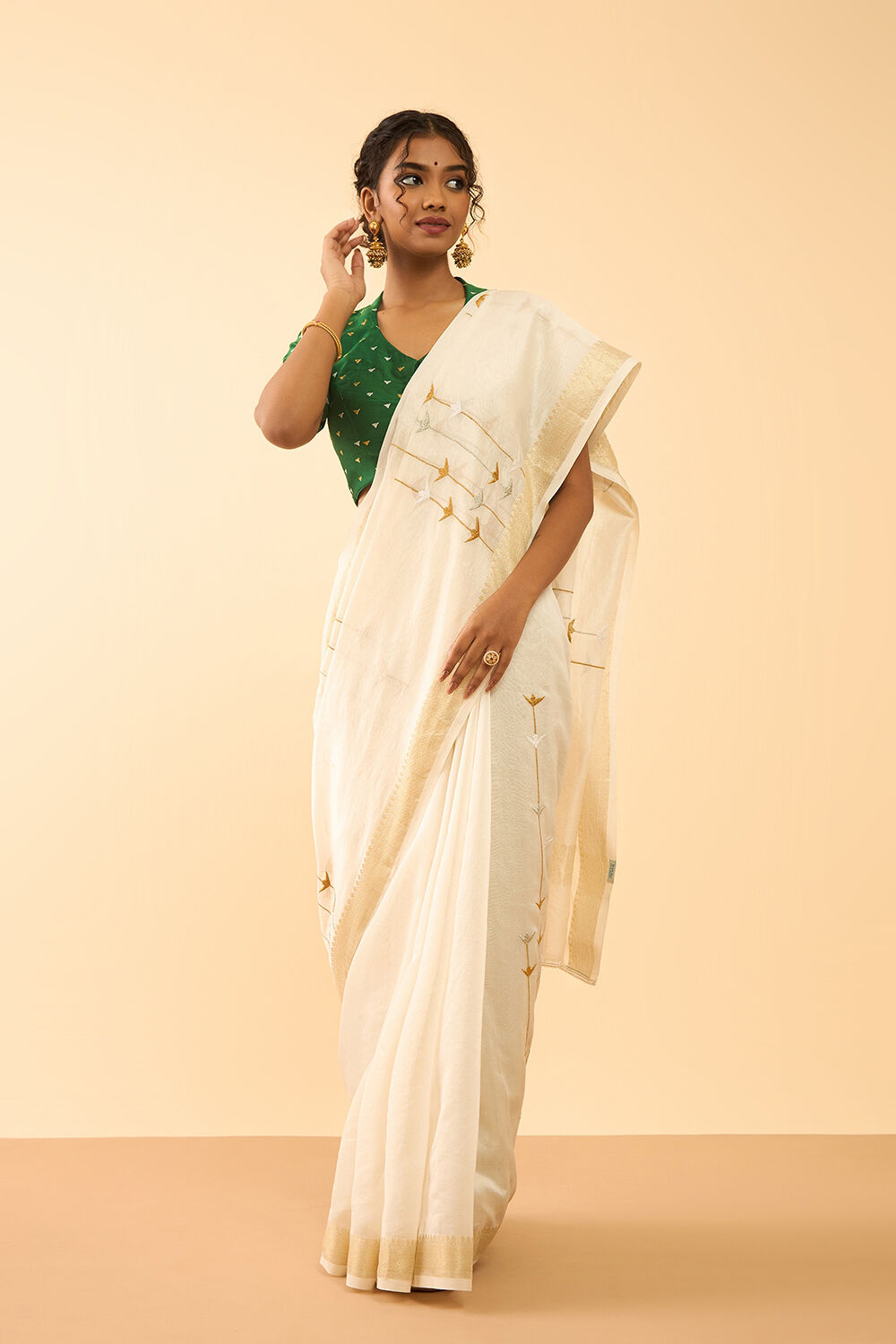 Off White Pure Silk Cotton Embroidered Saree image number null