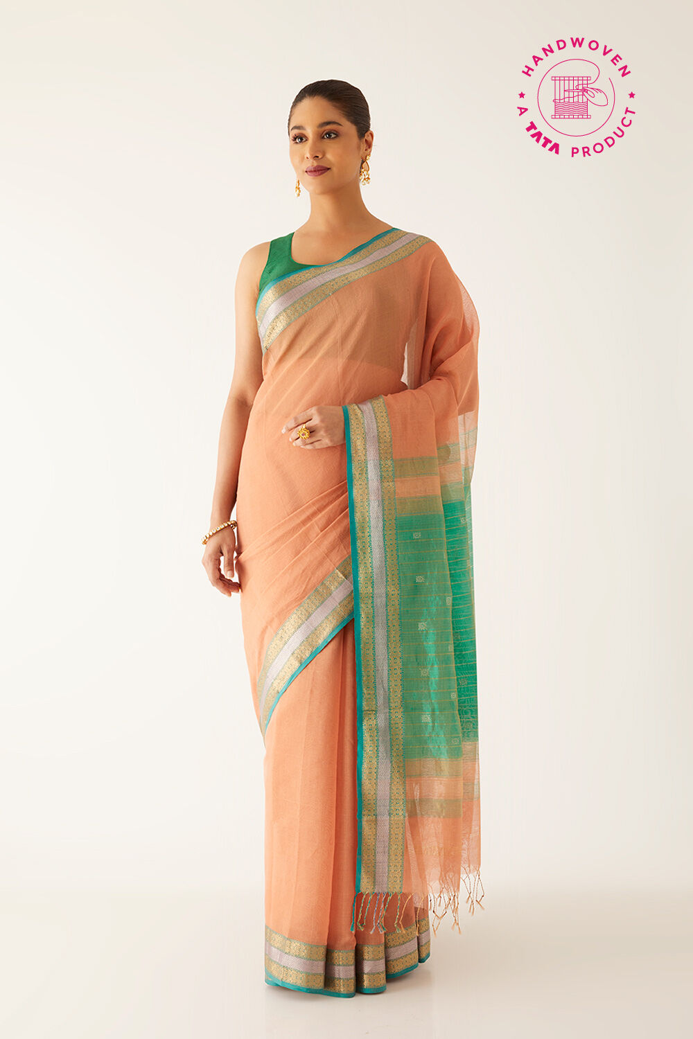Light Orange Pure Cotton Tissue Maheshwari Saree image number null