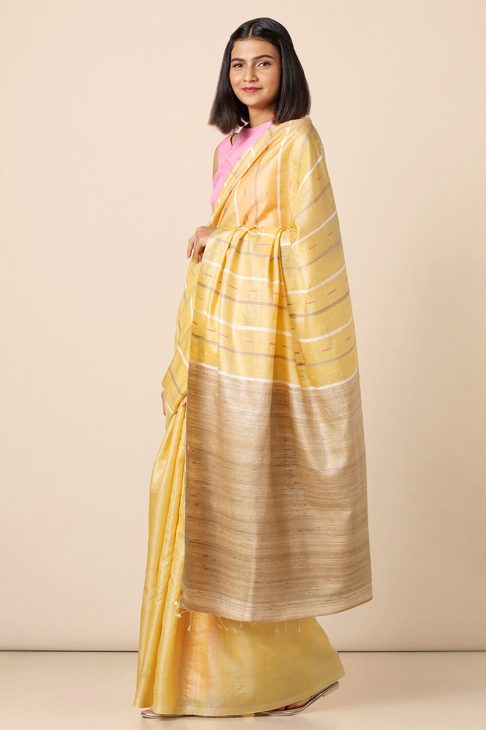 Yellow Pure Tussar Silk Woven Saree image number null