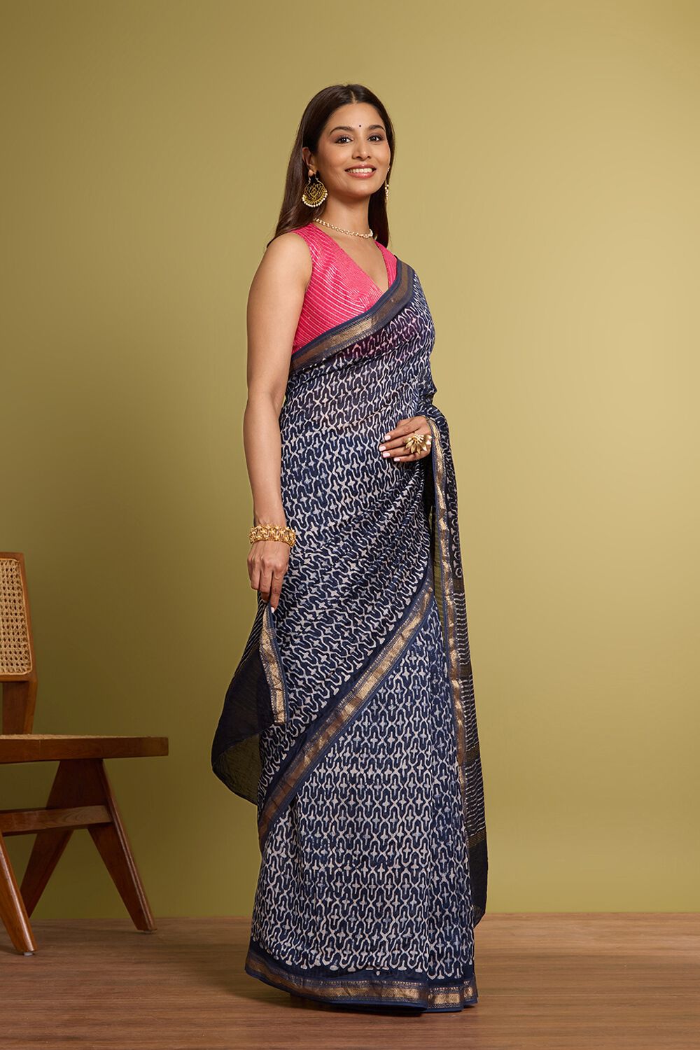 Dark Blue Pure Silk Cotton Batik Saree image number null