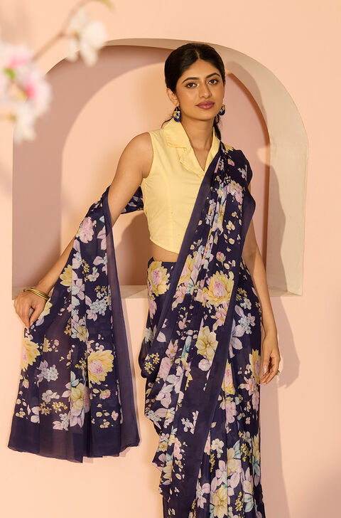 Dark Blue Printed Viscose Crepe Saree