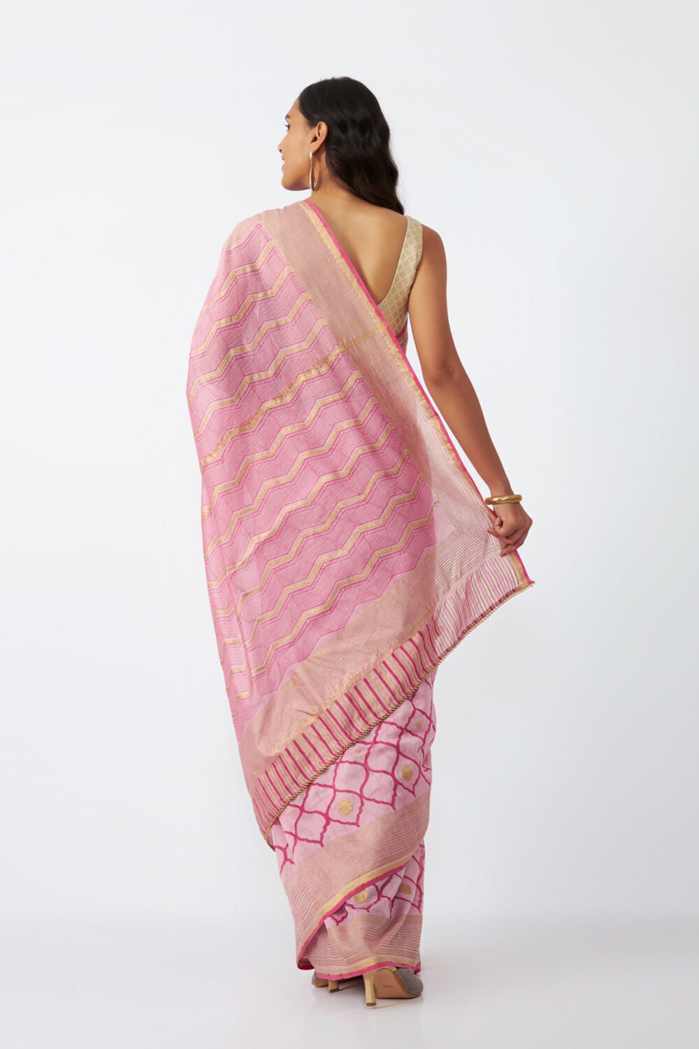Pink Pure Silk Cotton Hand Printed Saree image number null