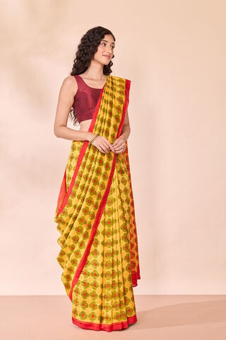 Yellow Pure Silk Block Printed Bengal Saree thumbnail image number null