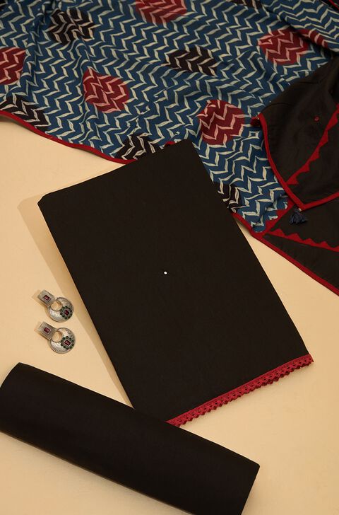 Black Pure Cotton Applique Unstitched Suit Set