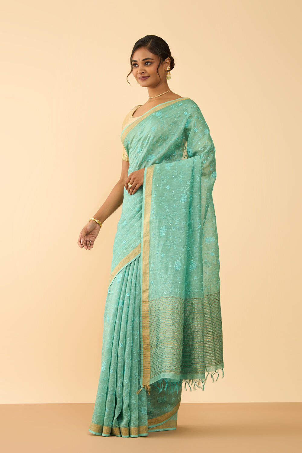 Light Green Bhagalpur Pure Silk Linen Embroidered Saree image number null
